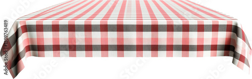 Mesa con mantel con cuadros blancos rojos y negros sobre fondo transparente