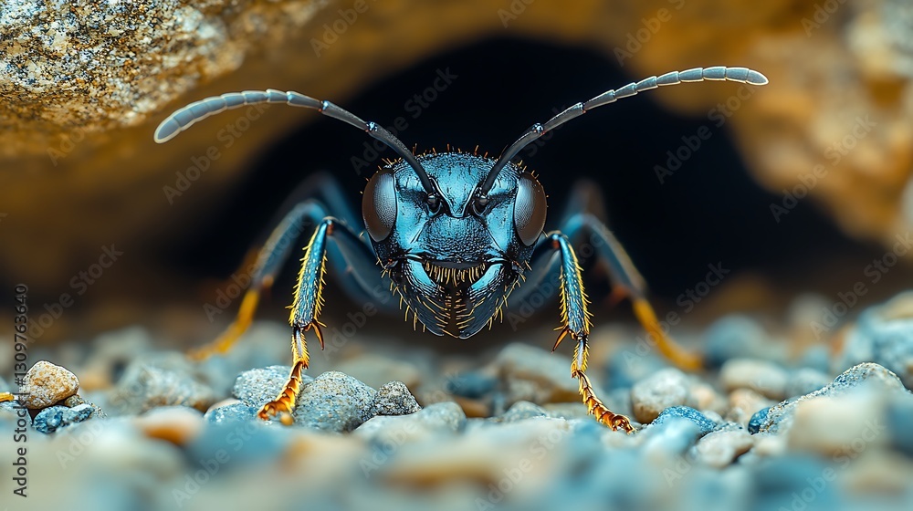 Black ant emerging from a tunnel onto a textured ground highlighting the insect life cycle