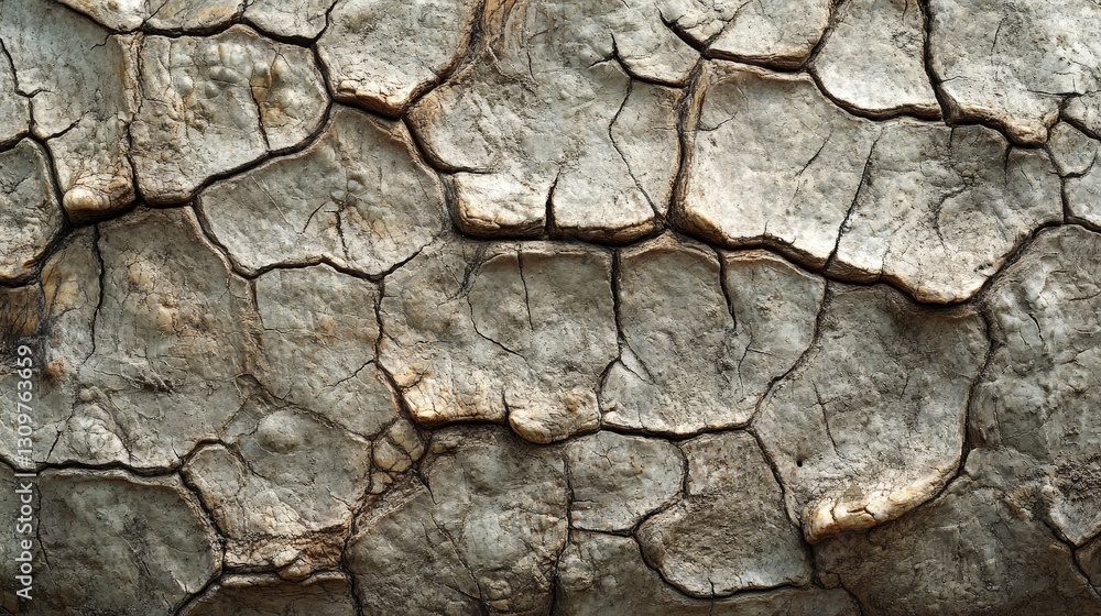 Close-up of a rugged, cracked rock exuding raw textures and earthy tones; veins etch an intricate map across its arid skin Close-up of a rugged, cracked rock exuding raw textures and earthy tones; veins etch an intricate map across its arid skin