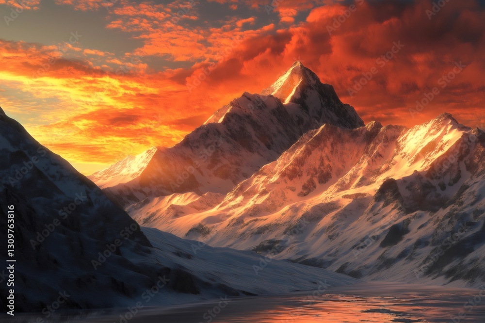 Fototapeta premium Smartphone capturing a breathtaking mountain landscape with vibrant orange and red sunset hues illuminating the snow covered peaks