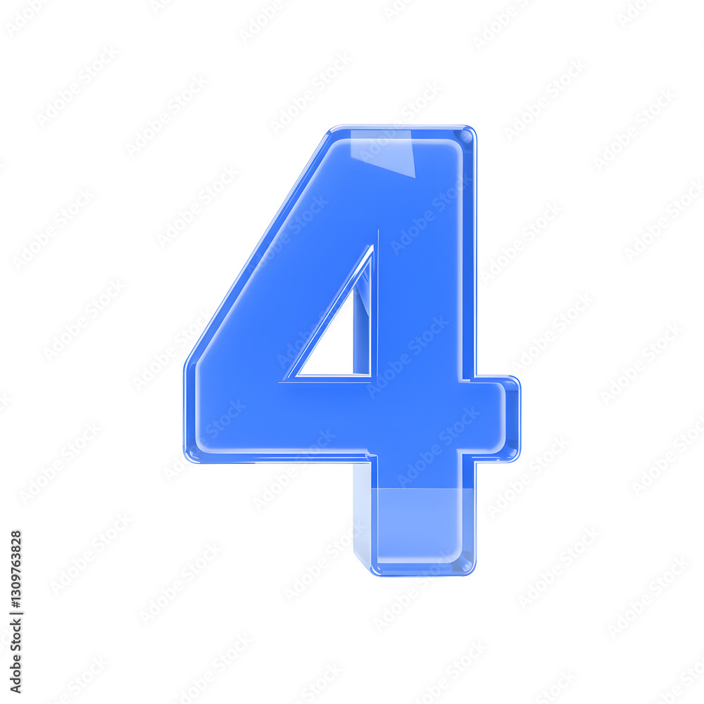 Obraz premium High-resolution 3D render of a blue glass number 4 with a glossy, reflective surface, isolated on a transparent background, representing numerals, modern design, and digital aesthetics