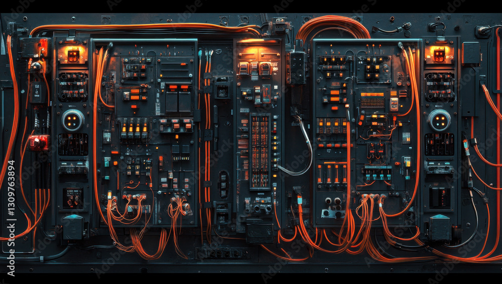 Obraz premium An intricate electrical panel displays a maze of wiring and control systems, illuminated by various indicators in a utility room setting