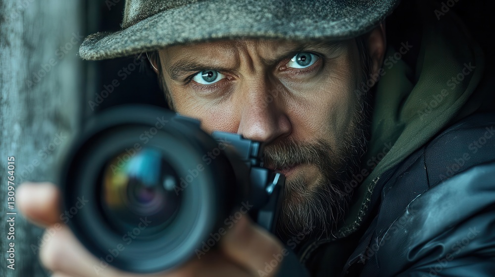 Focused Male Photographer Aiming Camera with Intense Expression Focused Male Photographer Aiming Camera with Intense Expression