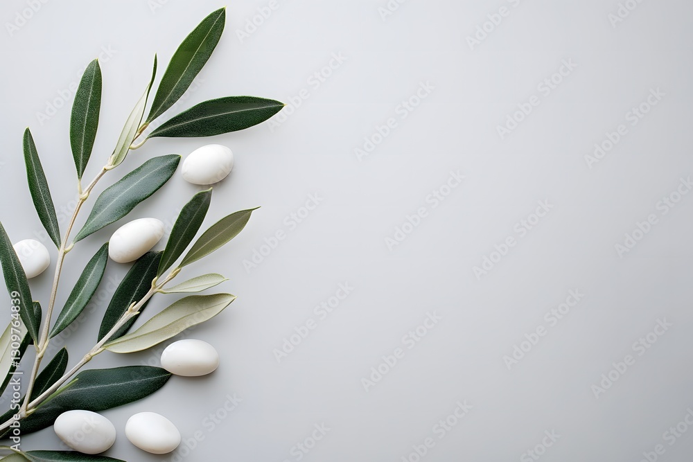 Obraz premium Olive branches with smooth white pebbles or marbles on a textured white background with copy space, spa and wellness ,product display.