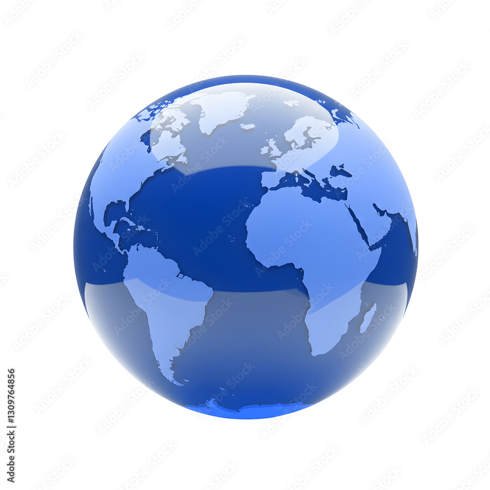 High-resolution 3D render of a blue glass globe with a glossy, reflective surface, isolated on a transparent background, representing Earth, global connectivity, and modern design High-resolution 3D render of a blue glass globe with a glossy, reflective surface, isolated on a transparent background, representing Earth, global connectivity, and modern design