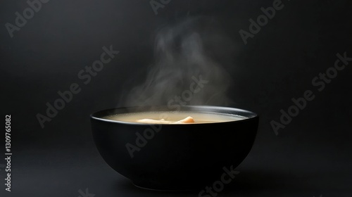 A bowl of soup is sitting on a black table