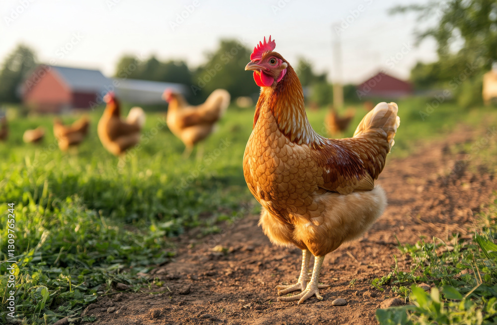 Fototapeta premium Hens wander freely across a vibrant farm, surrounded by lush grass and charming red barns under a warm evening glow
