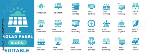 Editable solar panel vector set featuring eco-friendly, renewable energy, and sustainability icons for digital and print