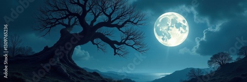Twisted branches claw at a silver-washed moon, deep shadows pooling below , woods, mystery