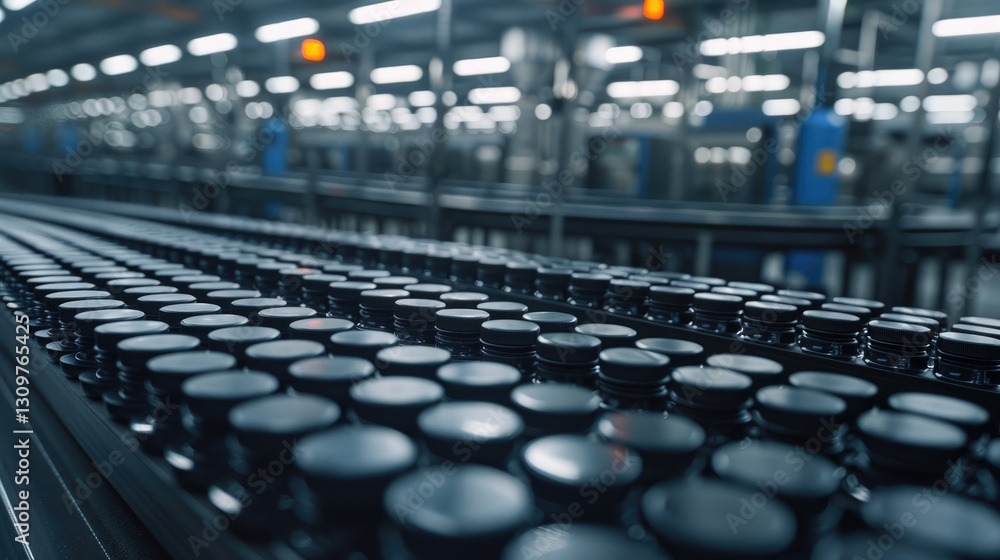 Fototapeta premium Automated production line transporting many bottles along a conveyor belt
