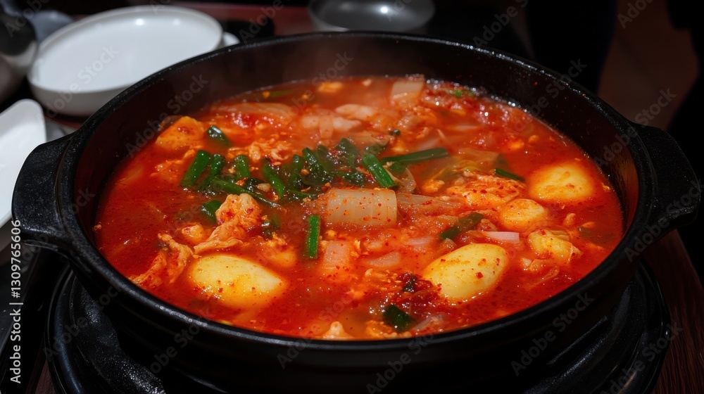 A large pot of red soup with green vegetables and meat A large pot of red soup with green vegetables and meat