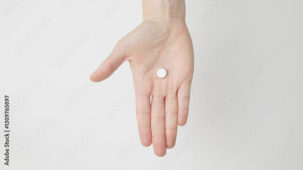 A woman's hand opens showing a white magnesium pill, on her palm, on white background, copy space A woman's hand opens showing a white magnesium pill, on her palm, on white background, copy space