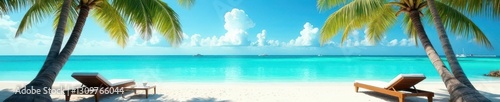 Tranquil turquoise sea, swaying palms, empty lounge chairs , horizon, chairs, serene