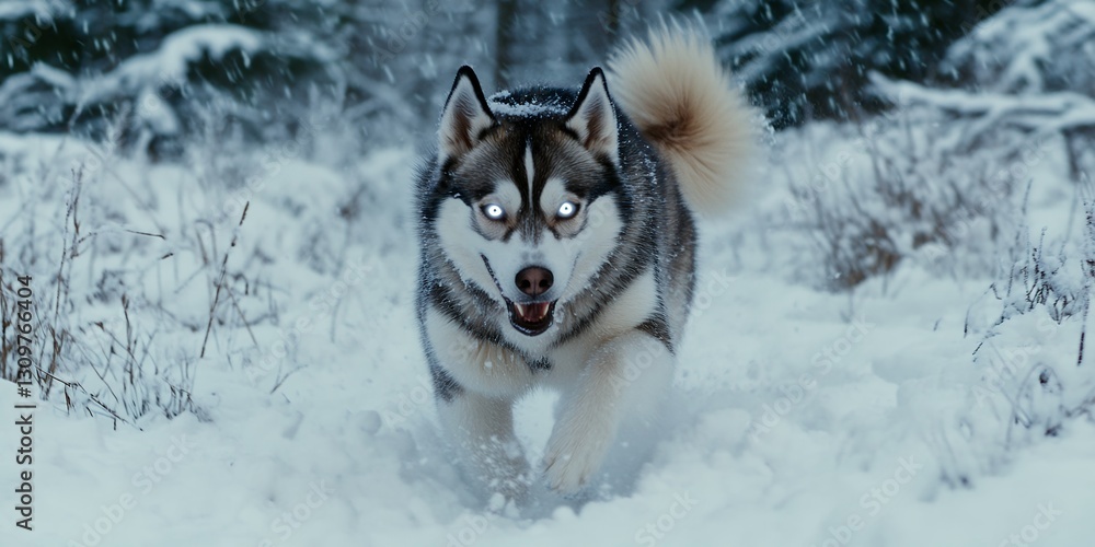 Shivering husky shaking off snowflakes in icy air Shivering husky shaking off snowflakes in icy air