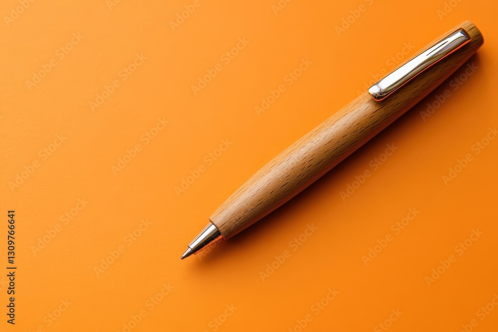 A wooden writing instrument is resting on an orange surface A wooden writing instrument is resting on an orange surface
