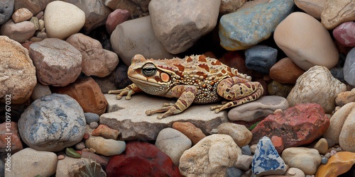 Short horned lizard toad hiding in sandy soil photo