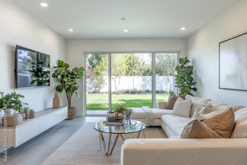 Fototapeta premium Modern living room with patio access, featuring a large window wall and a comfortable sectional sofa.