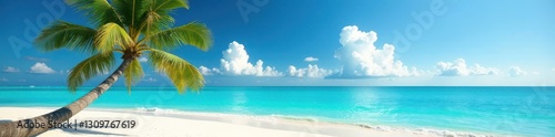 Lone palm, vibrant turquoise ocean, sun-drenched sand , uninhabited, travel