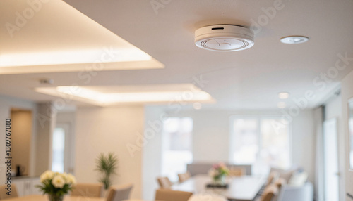Smart smoke detector mounted on ceiling in modern home. technology, smart home, science, research, scientific discoveries