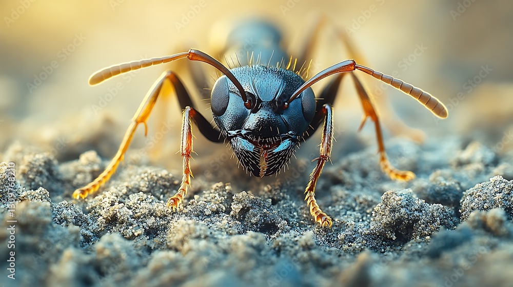 A black ant emerging from its anthill onto textured ground illustrating the teamwork of its colony A black ant emerging from its anthill onto textured ground illustrating the teamwork of its colony