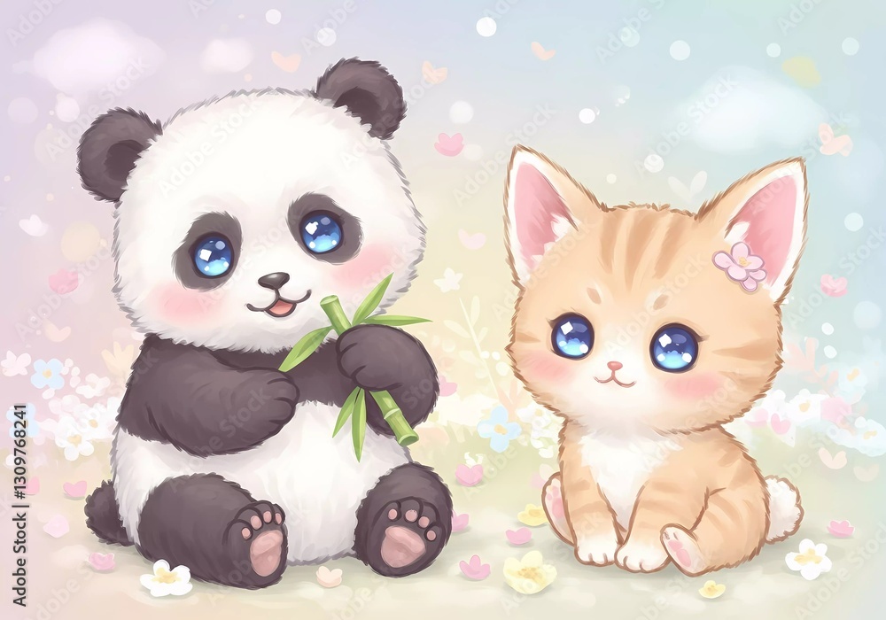 Adorable Panda and Kitten in a Flowery Meadow Adorable Panda and Kitten in a Flowery Meadow