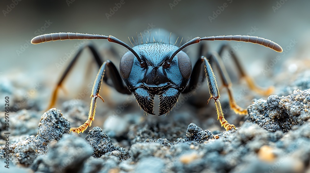 Close-up of a black ant crawling out of its nest onto rough ground emphasizing the insect life cycle Close-up of a black ant crawling out of its nest onto rough ground emphasizing the insect life cycle