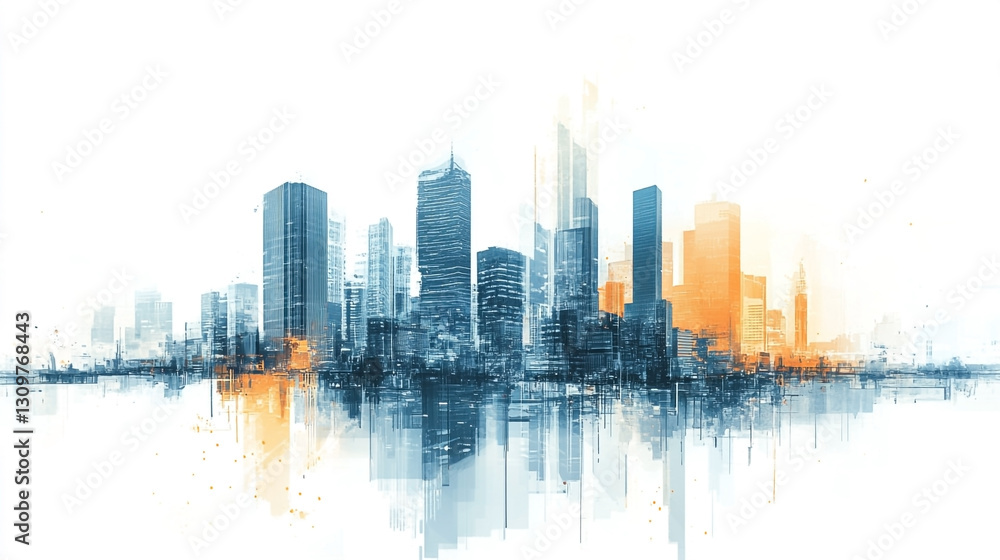 Fototapeta premium Futuristic abstract cityscape with digital technology elements and copy space in white background.