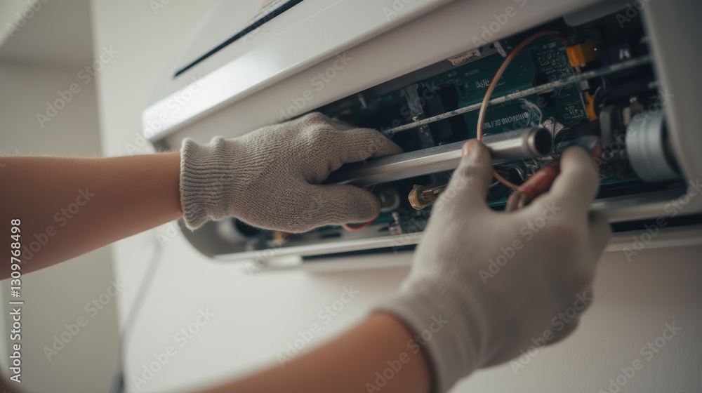 technician repairs air conditioning unit with gloves on, showcasing expertise and precision technician repairs air conditioning unit with gloves on, showcasing expertise and precision