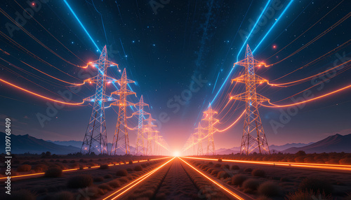 Electrical power transmission towers starry night sky radiating light beams futuristic energy grid, vibrant blue and orange colors