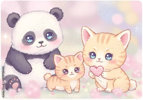 Adorable Panda and Kittens in a Pastel Dreamland