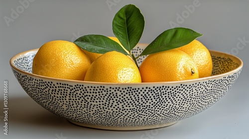 Bright Yellow Lemons in Decorative Bowl With Green Leaves on a Neutral Backgr...