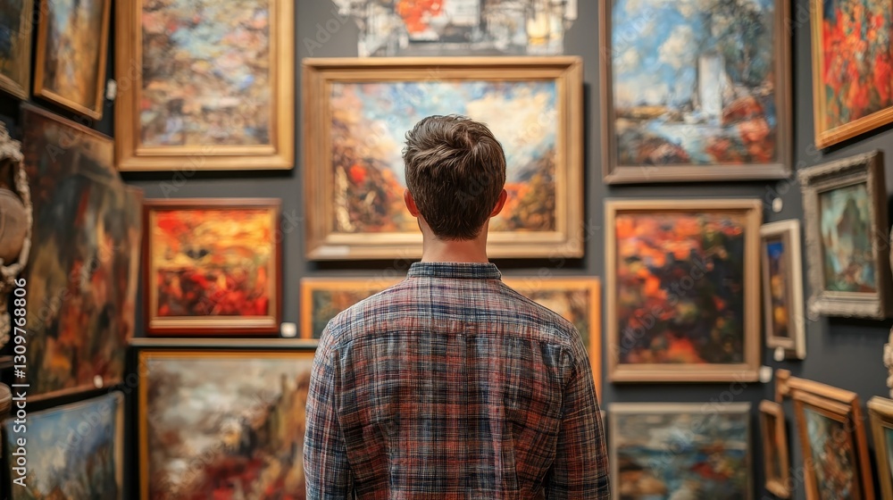 Man observes art framed in a gallery. Man observes art framed in a gallery.