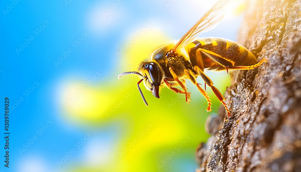 Fototapeta premium Honeybee taking flight from tree bark