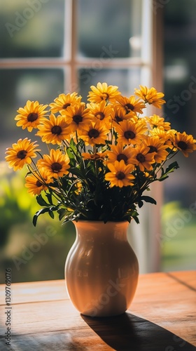 Bright Yellow Flowers in a White Vase on a Wooden Table Near a Window During ...
