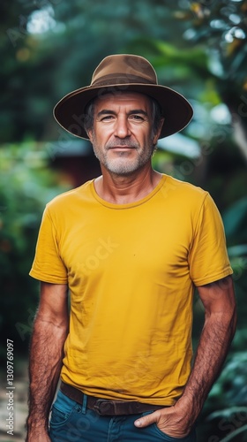 Young Man Wearing a Yellow Shirt and Tan Hat Smiles Against a Coastal Backdro...
