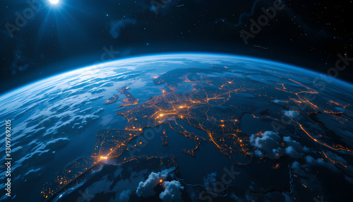 Earth from space night view of Europe city lights glowing atmosphere starry sky cosmic horizon blue planet sunlight peeking over edge