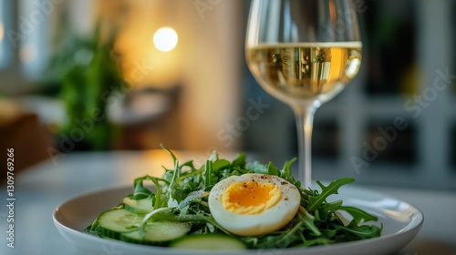 Fresh Salad With Soft Boiled Egg and White Wine in a Modern Cafe Setting Duri...