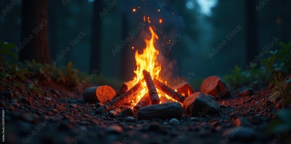 Campfire embers glow in dark wilderness setting, forest, branches, remote Campfire embers glow in dark wilderness setting, forest, branches, remote