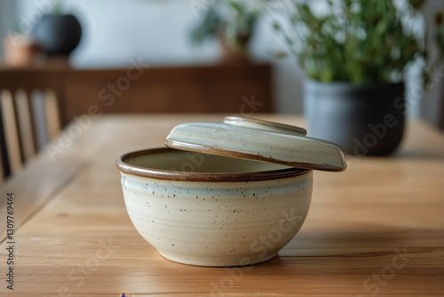 Beautiful Ceramic Bowl With Lid Placed on a Wooden Table in a Cozy Indoor Set...