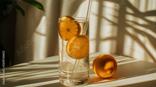 Refreshing Drink With Lemon Slices Bathed in Sunlight on a Table