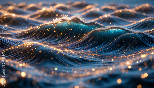 A digital image of a wave pattern with glowing lights
