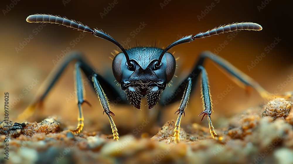 Macro view of a black ant stepping out of its anthill onto a textured surface emphasizing its physical features Macro view of a black ant stepping out of its anthill onto a textured surface emphasizing its physical features
