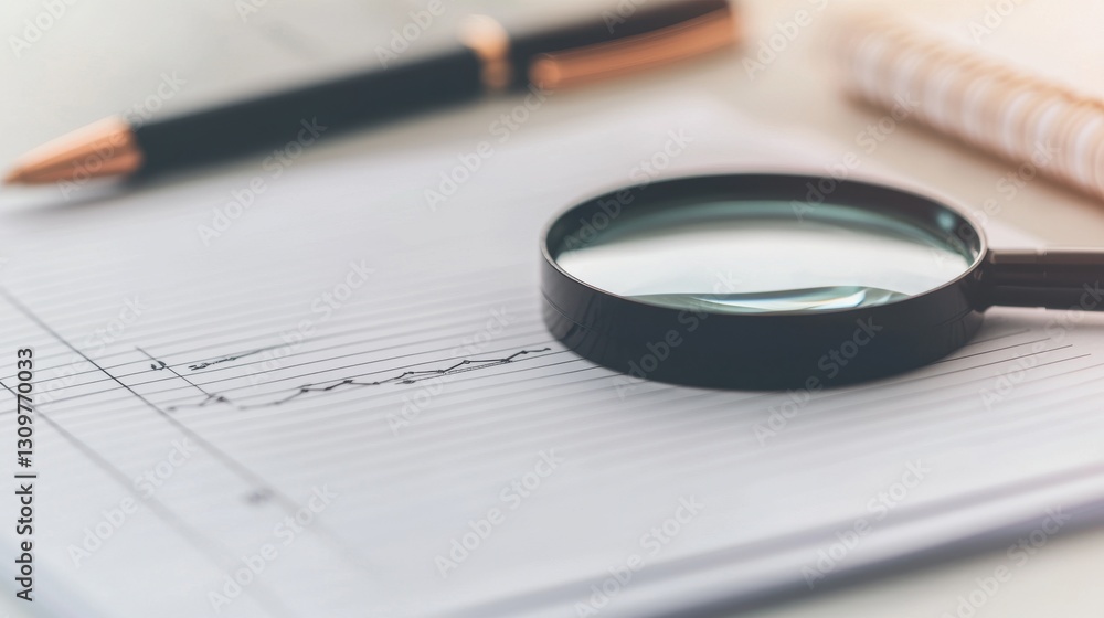 Fototapeta premium Magnifying Glass Over Notebook with Pen and Notepad on Table