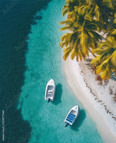 Tropical Beach With Clear Turquoise Water and Boats Anchored Near the Shoreline