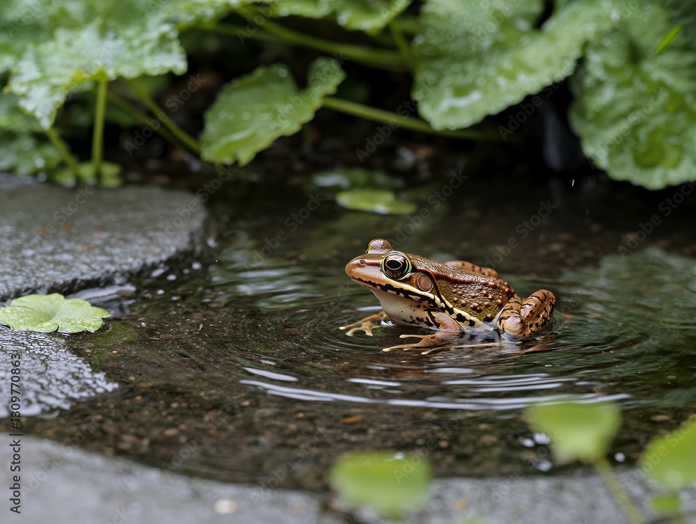 A small frog disappearing into a shallow pool of water A small frog disappearing into a shallow pool of water
