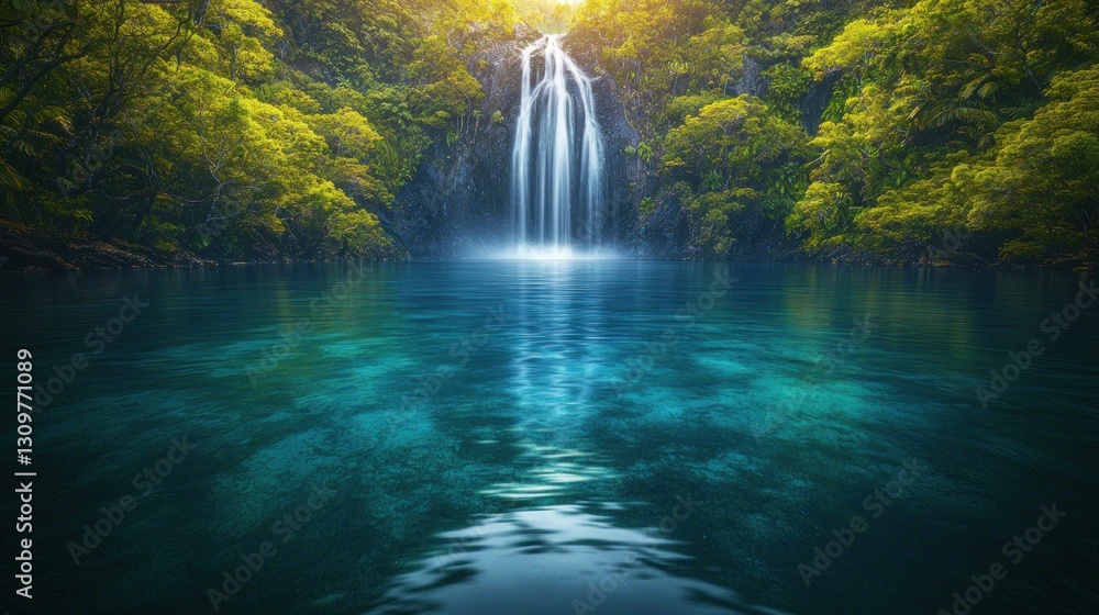 Serene waterfall cascading into tranquil pool, lush rainforest backdrop. Possible use Nature wallpaper, travel brochure Serene waterfall cascading into tranquil pool, lush rainforest backdrop. Possible use Nature wallpaper, travel brochure