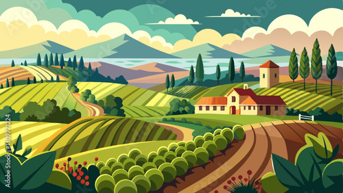 scenic vineyard landscape with rolling hills, grapevines, and a small winery