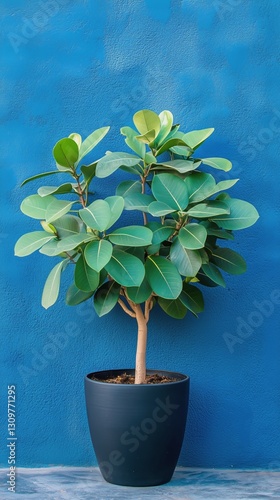 Ficus Tree in a Decorative Pot Against a Vibrant Blue Wall in a Modern Interi...