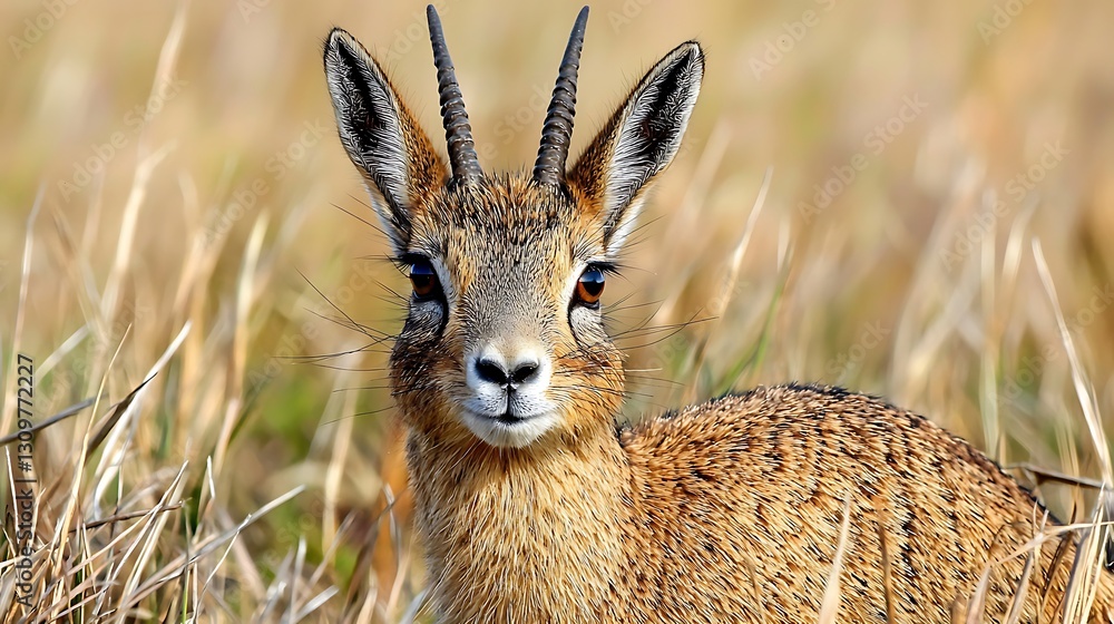 Gazelle lying in savanna grass, looking into the camera. Background is blurred, nature and wildlife concept Gazelle lying in savanna grass, looking into the camera. Background is blurred, nature and wildlife concept