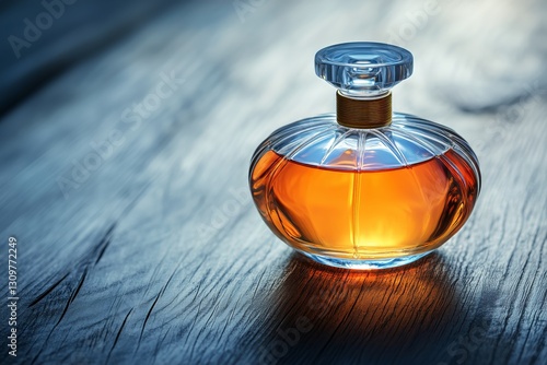 Elegant Glass Perfume Bottle on Wooden Surface With Warm Light Highlighting I...